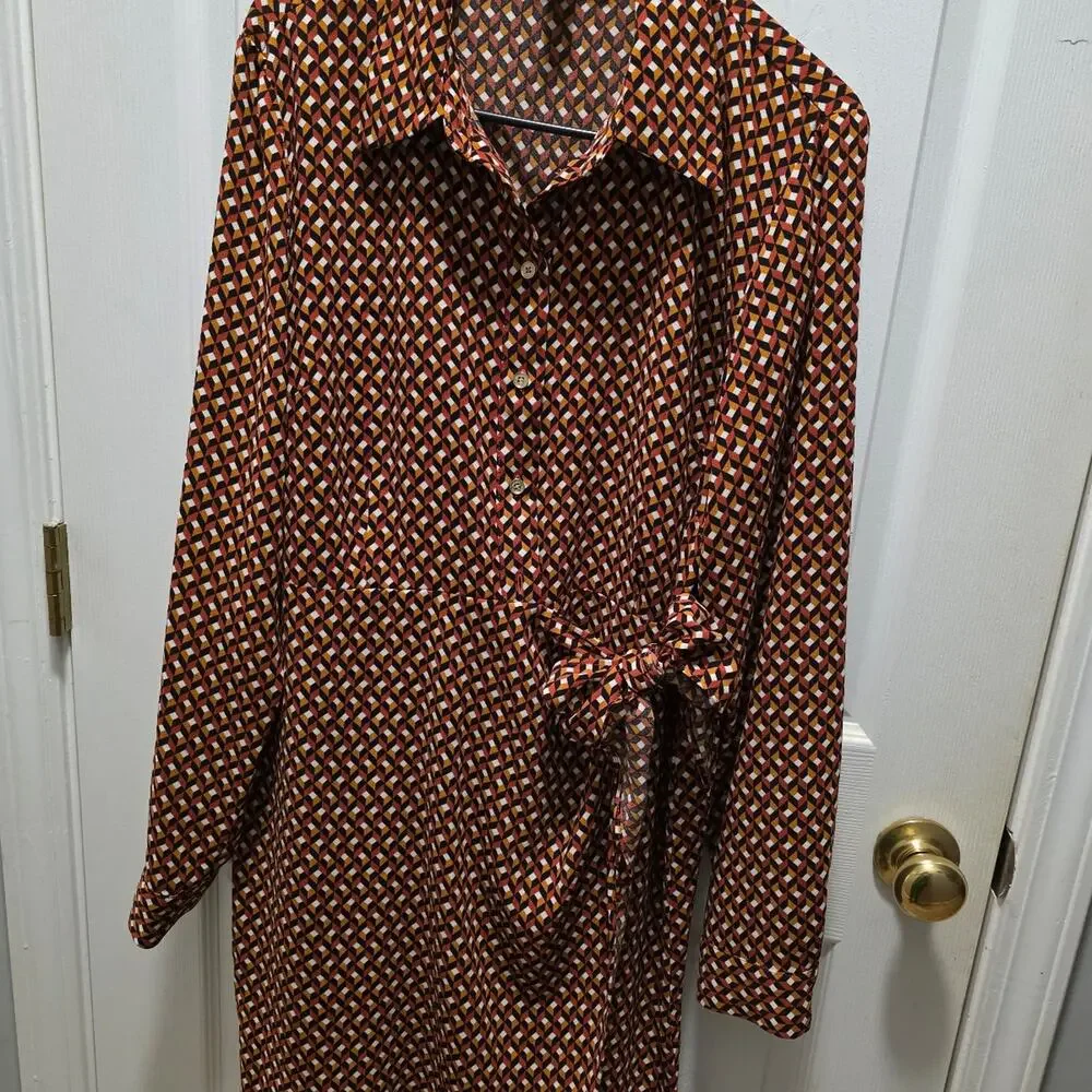 ​MICHAEL Michael Kors Geo Print Faux Wrap Shirt Dress Orange Brown XL